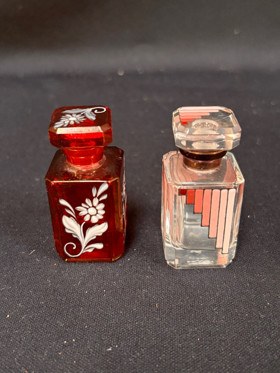 Pair Of French Art Deco Enameled Glass Perfume Bottles -photo-3