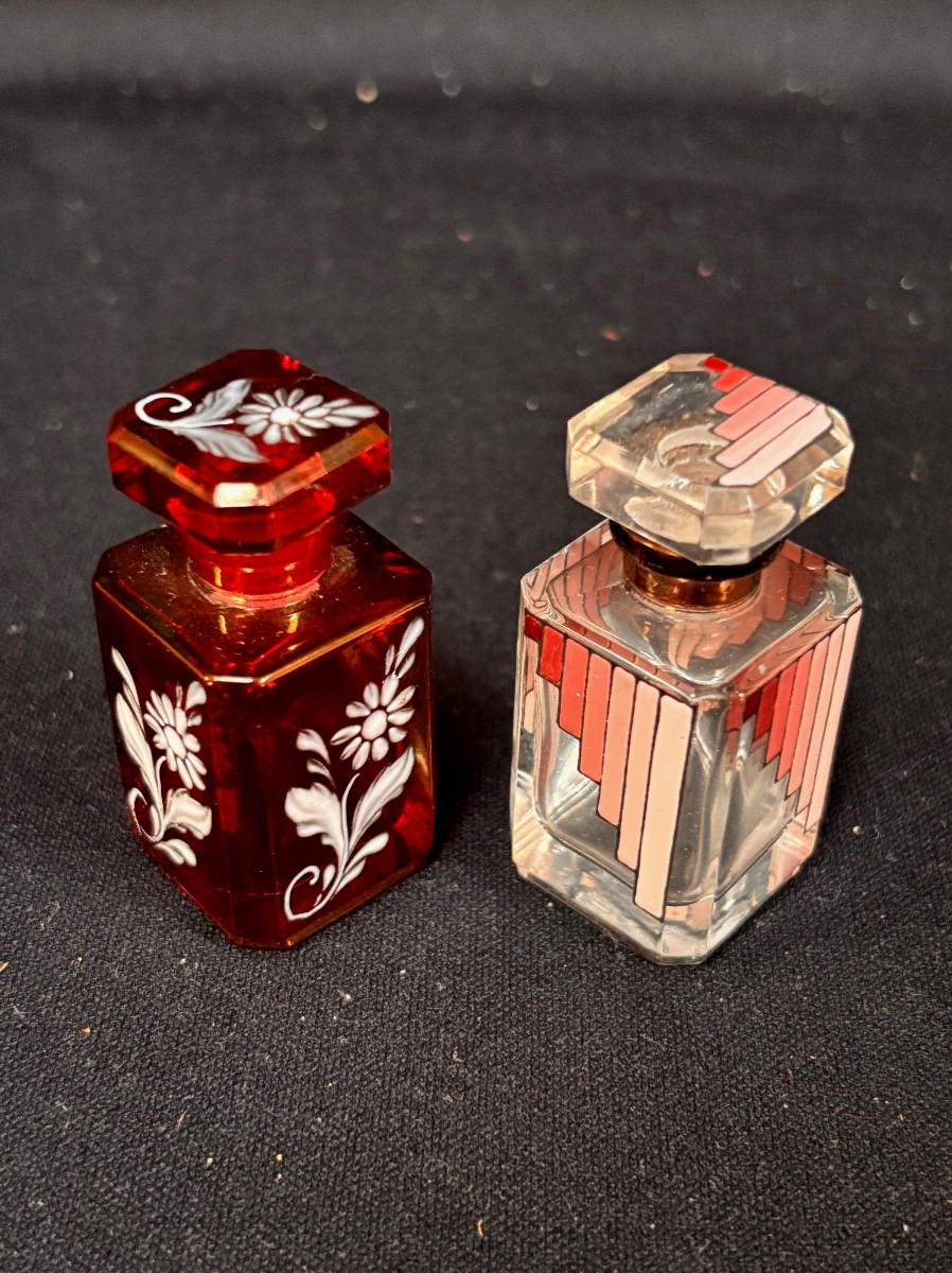 Pair Of French Art Deco Enameled Glass Perfume Bottles 