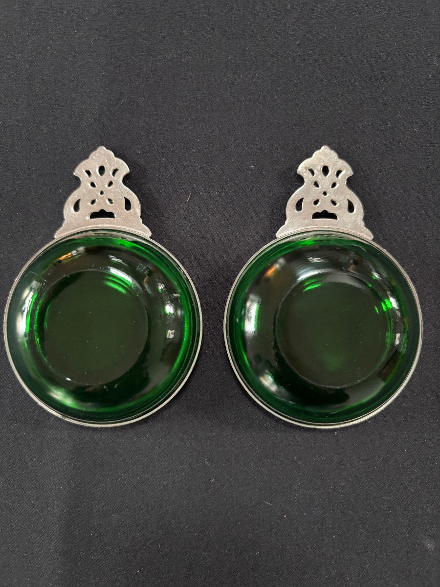 Sel et poivre en métal chromé et verre coloré vert, vers 1900-photo-3