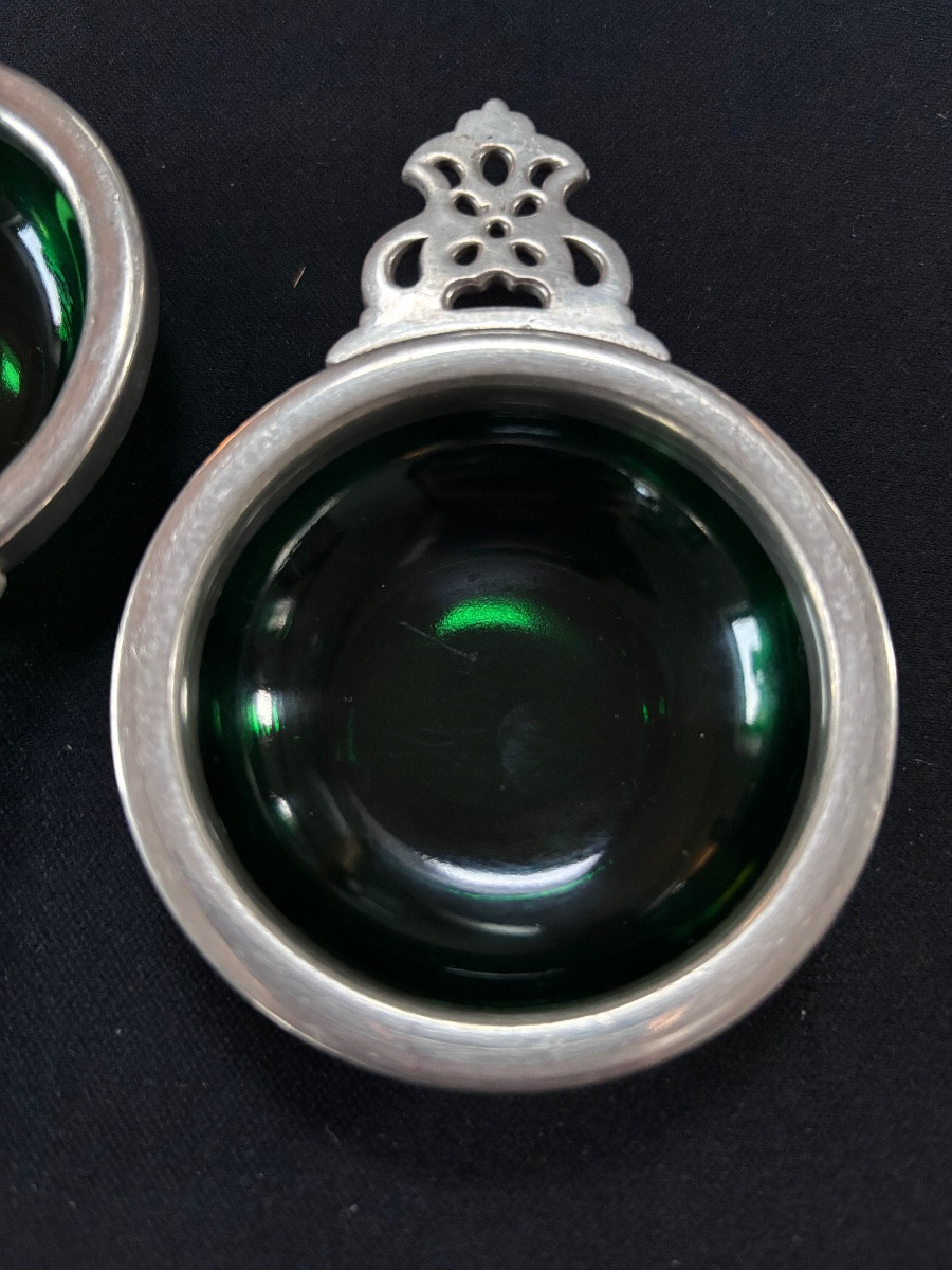 Sel et poivre en métal chromé et verre coloré vert, vers 1900-photo-4