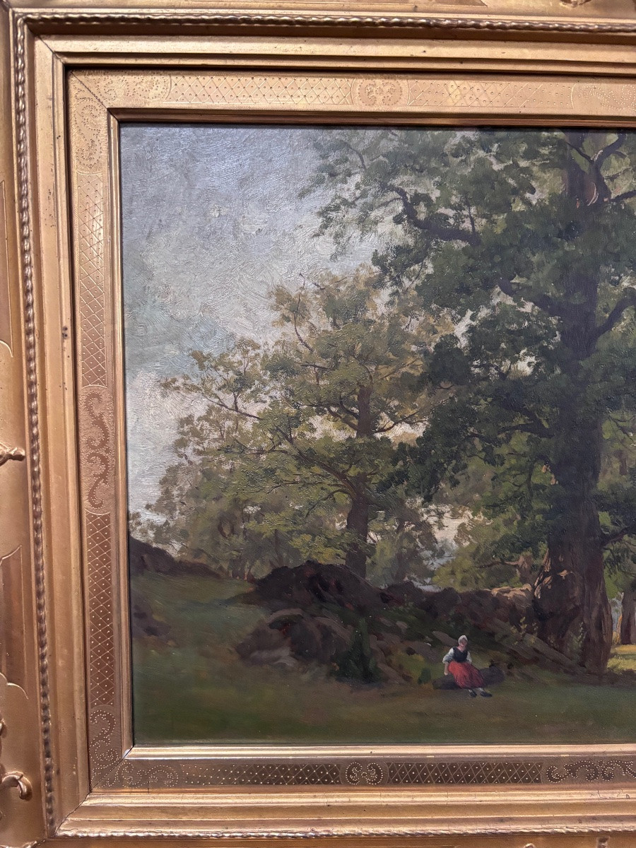 Landscape Painting, Oil On Panel, Signed Fritz Ebel (1835-1895, German Artist) -photo-2