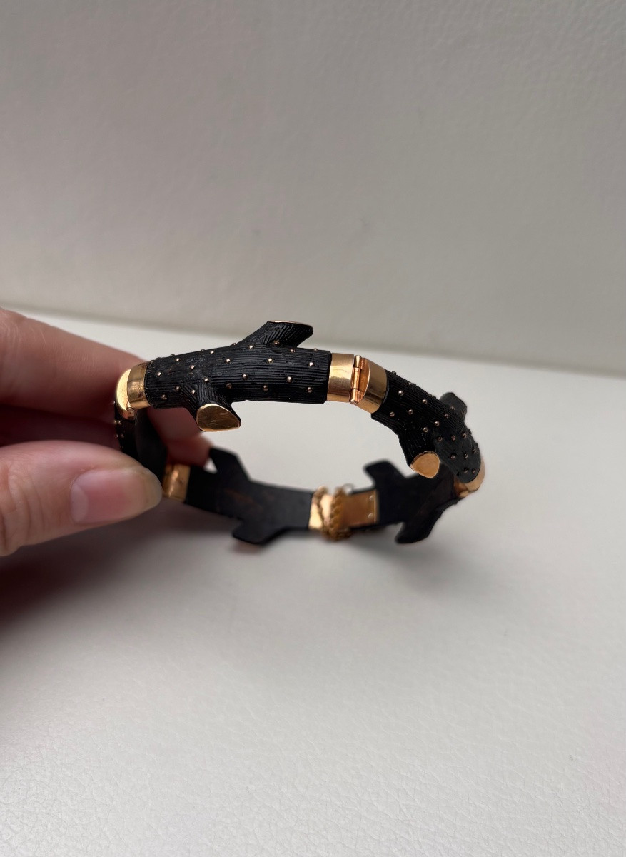 Victorian Bark Bracelet In Horn And 14ct Gold-photo-5