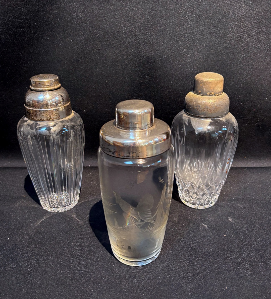 Set Of 3 Vintage Silver-plated Metal And Crystal Shakers 