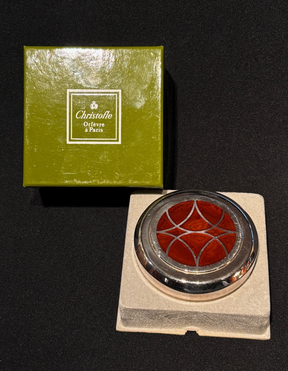 Christofle Round Talisman Box In Silver-plated Metal And Chinese Lacquer
