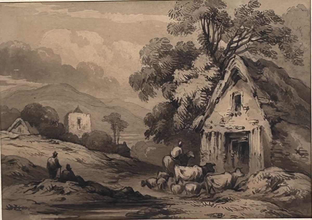 Lavis 18e siècle, paysage château -photo-2