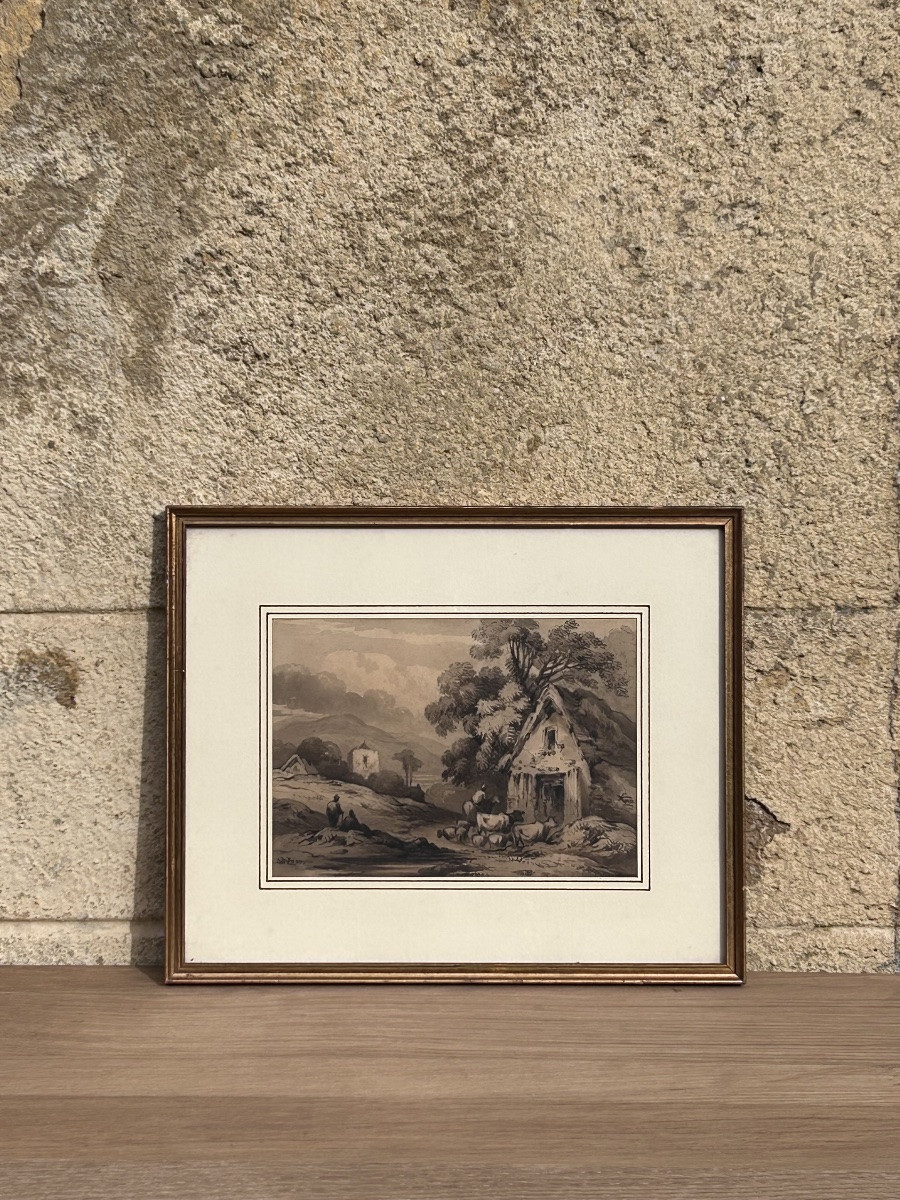 Lavis 18e siècle, paysage château -photo-3