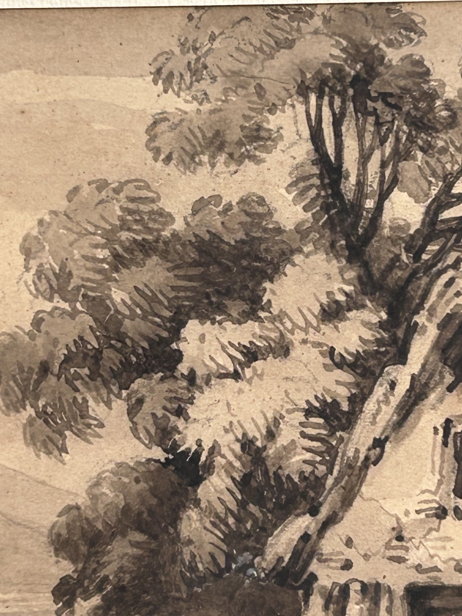 Lavis 18e siècle, paysage château -photo-1