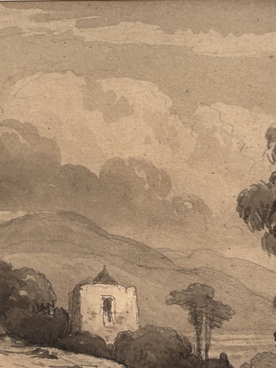 Lavis 18e siècle, paysage château -photo-2