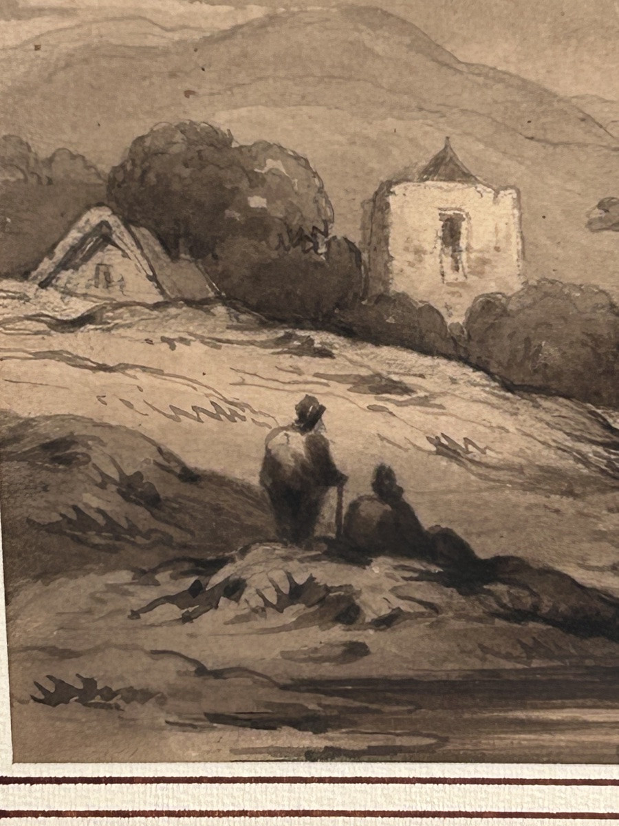 Lavis 18e siècle, paysage château -photo-3