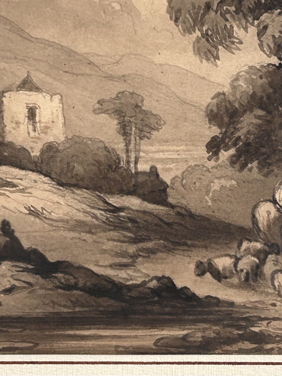 Lavis 18e siècle, paysage château -photo-4