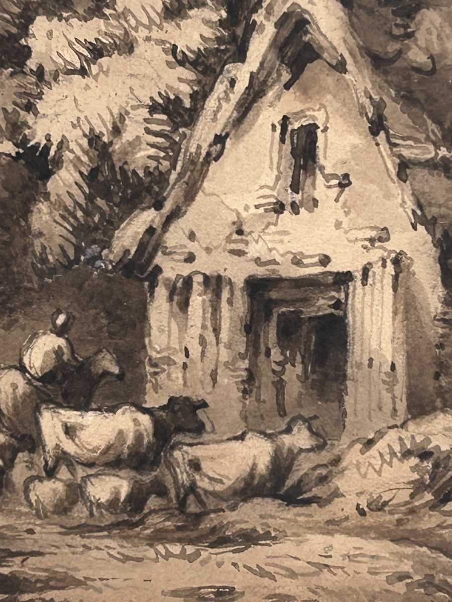 Lavis 18e siècle, paysage château -photo-5