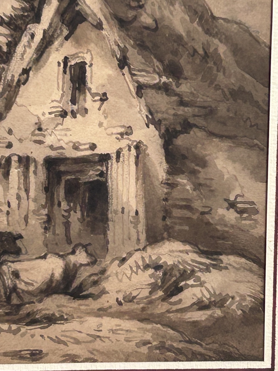 Lavis 18e siècle, paysage château -photo-6