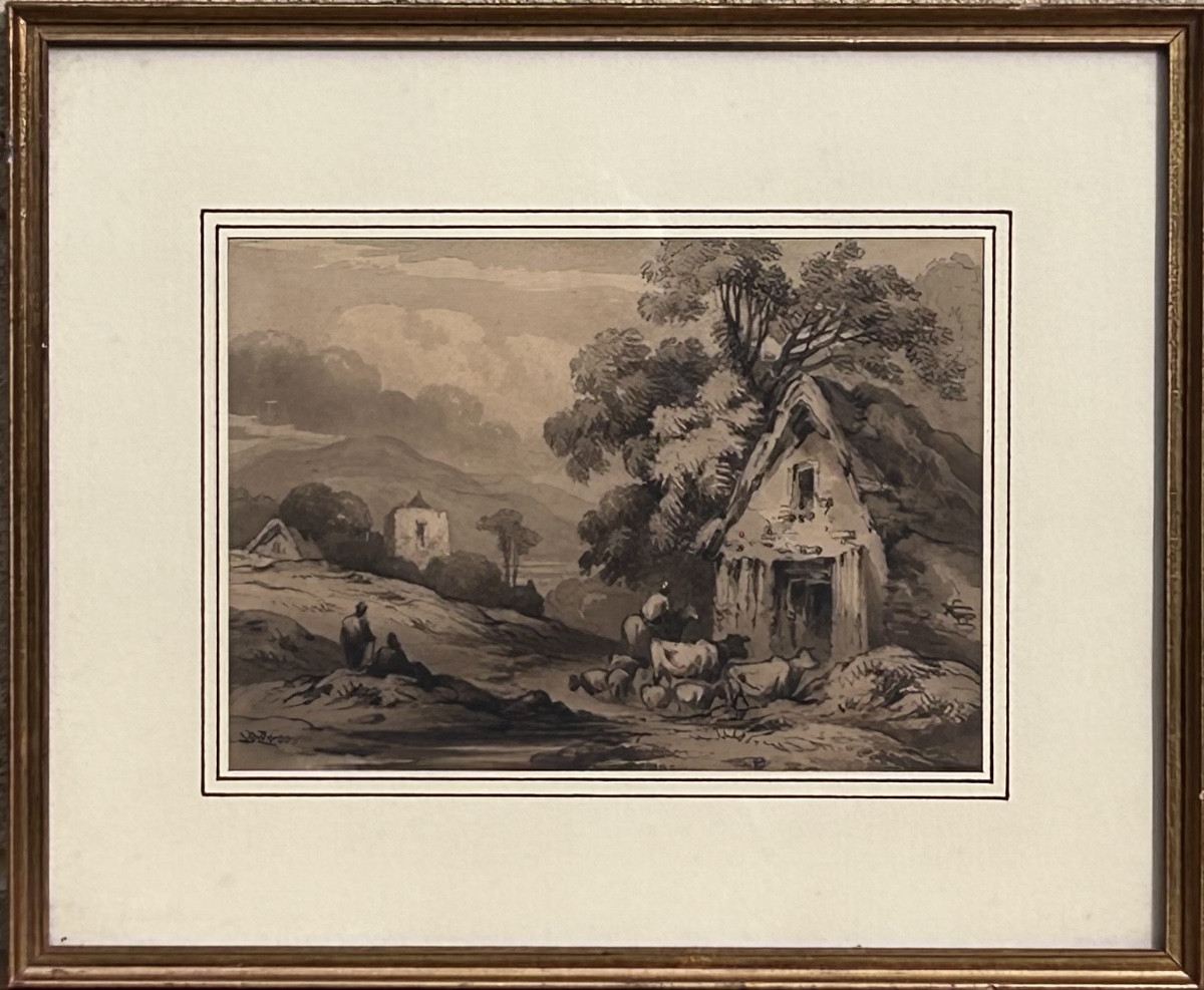 Lavis 18e siècle, paysage château 