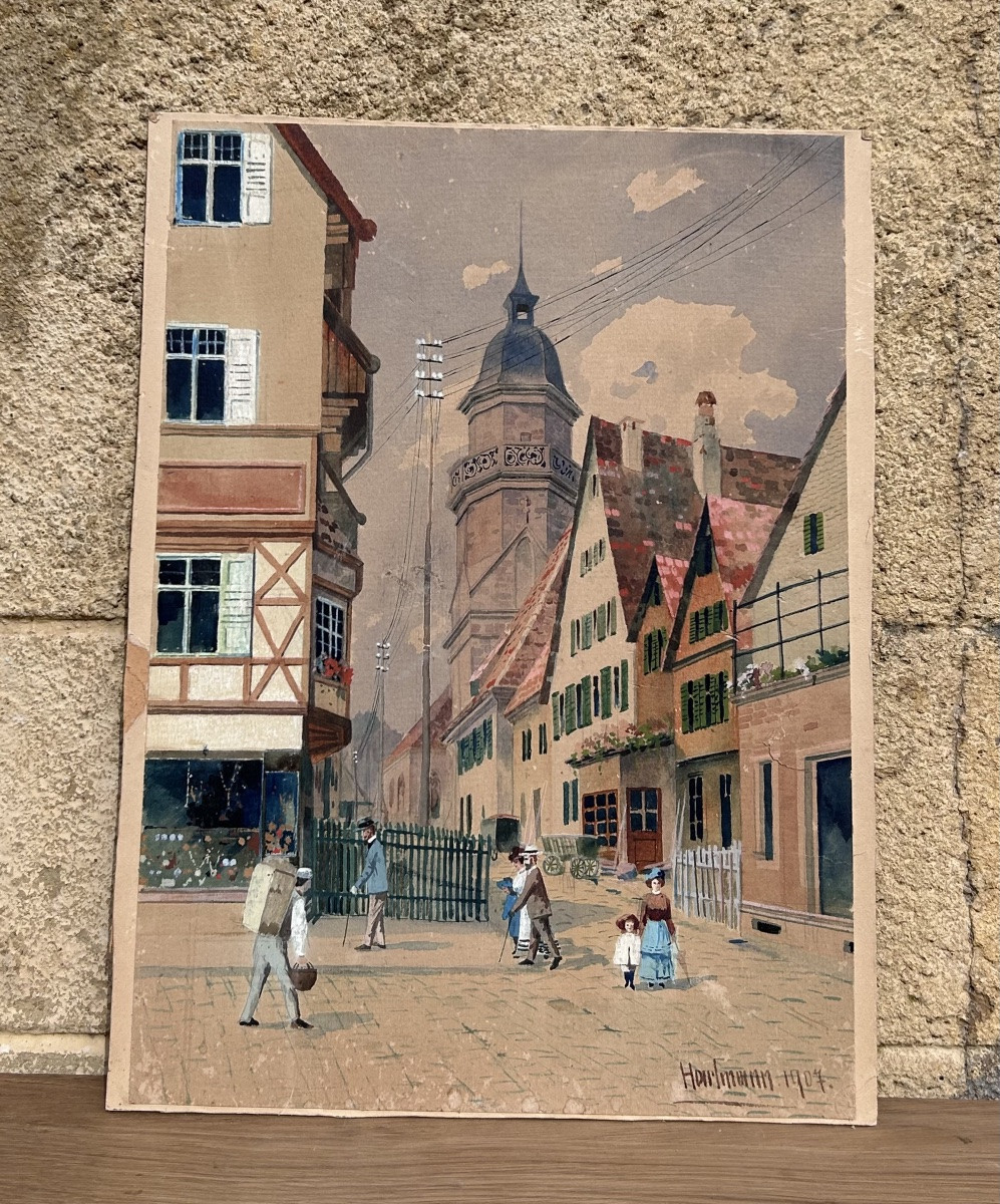 Hartmann, aquarelle sur papier scène de village -photo-2