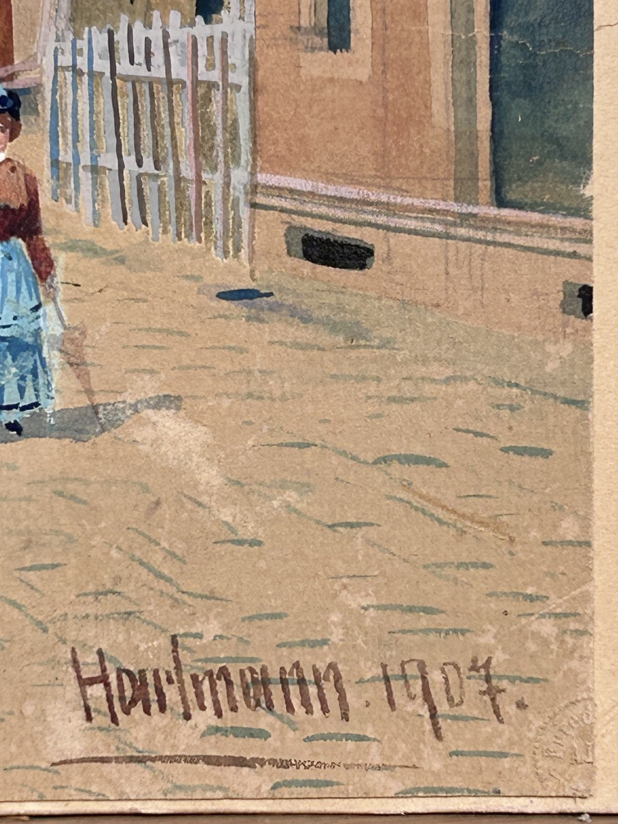 Hartmann, aquarelle sur papier scène de village -photo-3