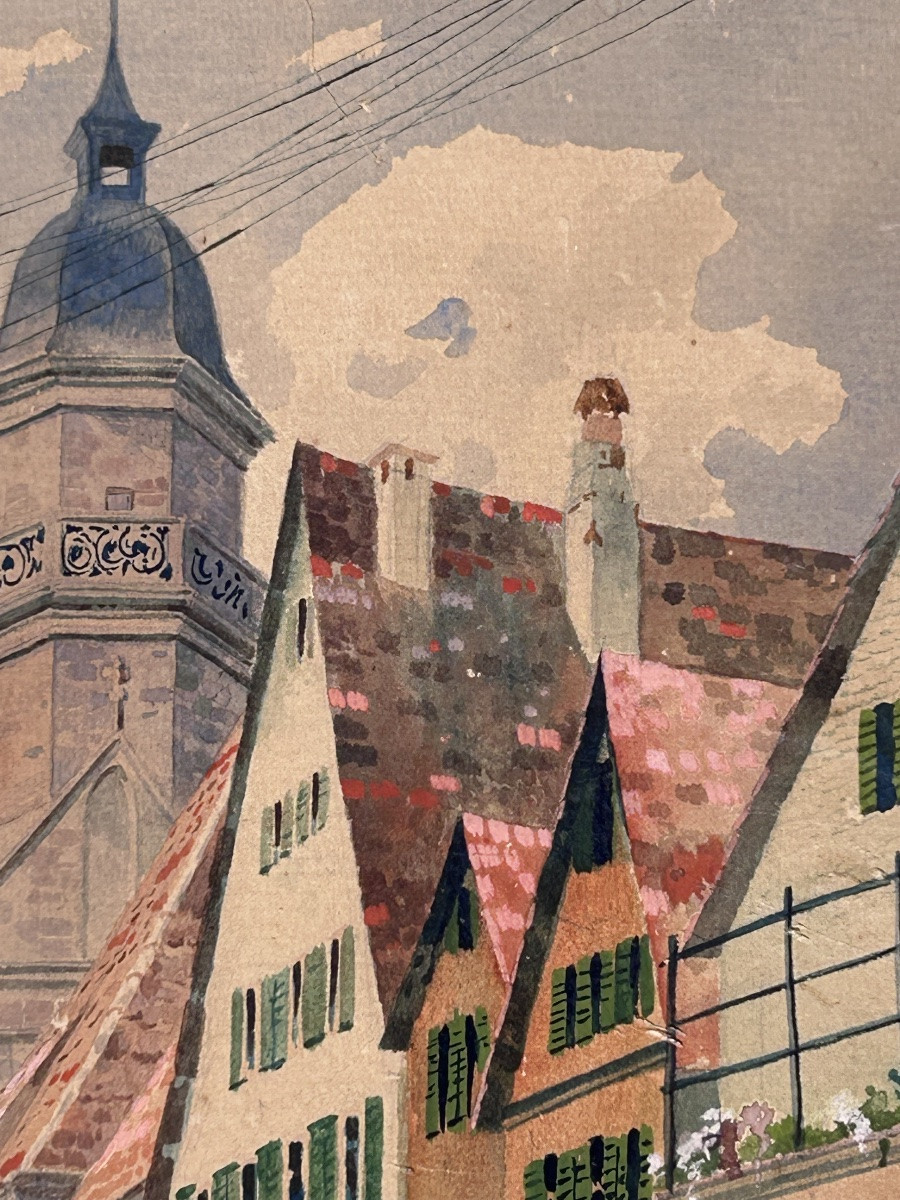 Hartmann, aquarelle sur papier scène de village -photo-1