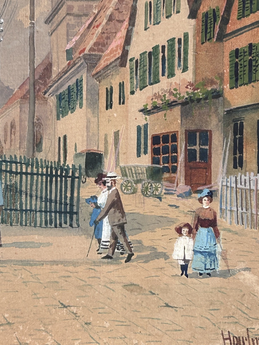 Hartmann, aquarelle sur papier scène de village -photo-3