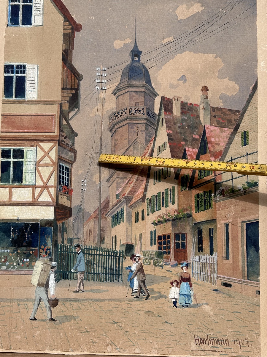 Hartmann, aquarelle sur papier scène de village -photo-5