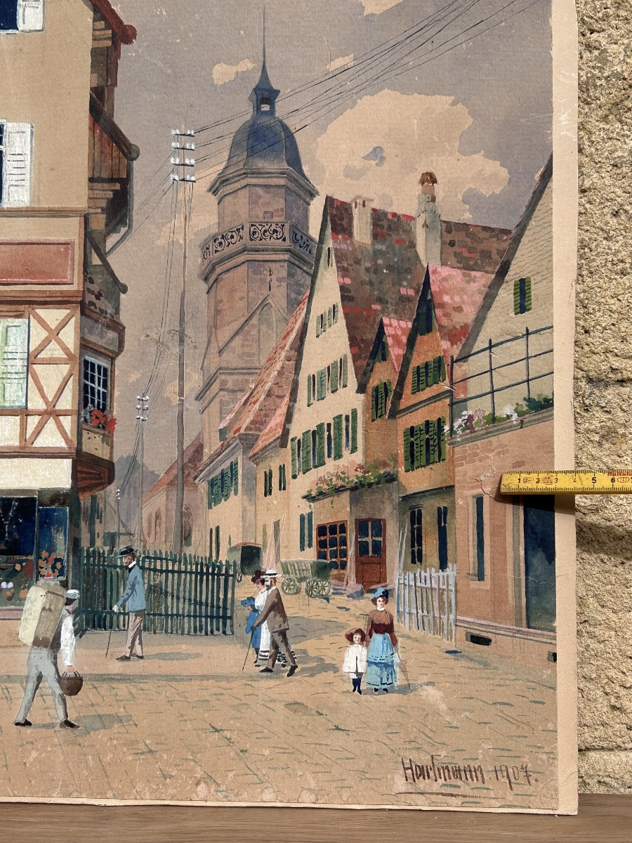 Hartmann, aquarelle sur papier scène de village -photo-8
