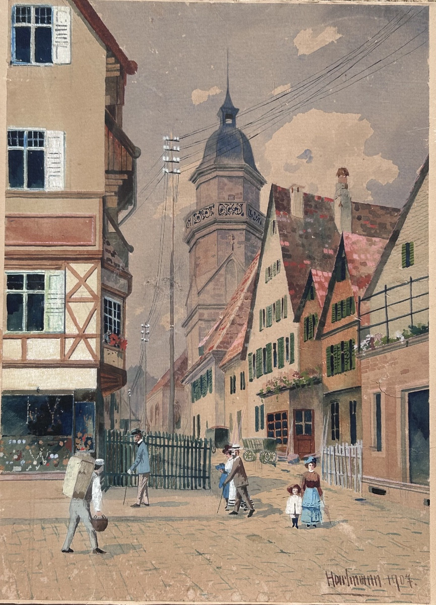 Hartmann, aquarelle sur papier scène de village 