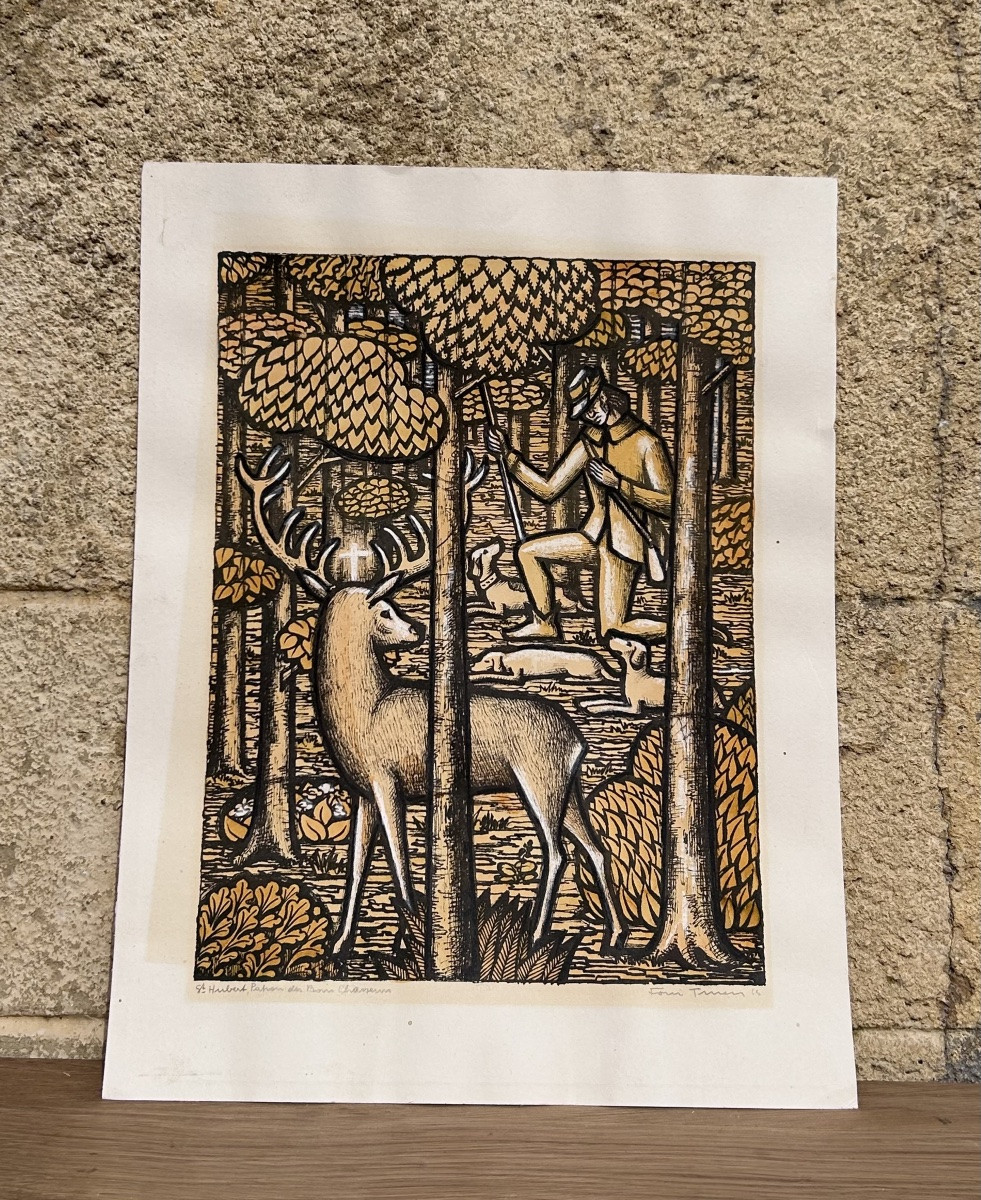Foni Tissen, Lithograph Hunting Scene, Luxembourgish Artist -photo-2