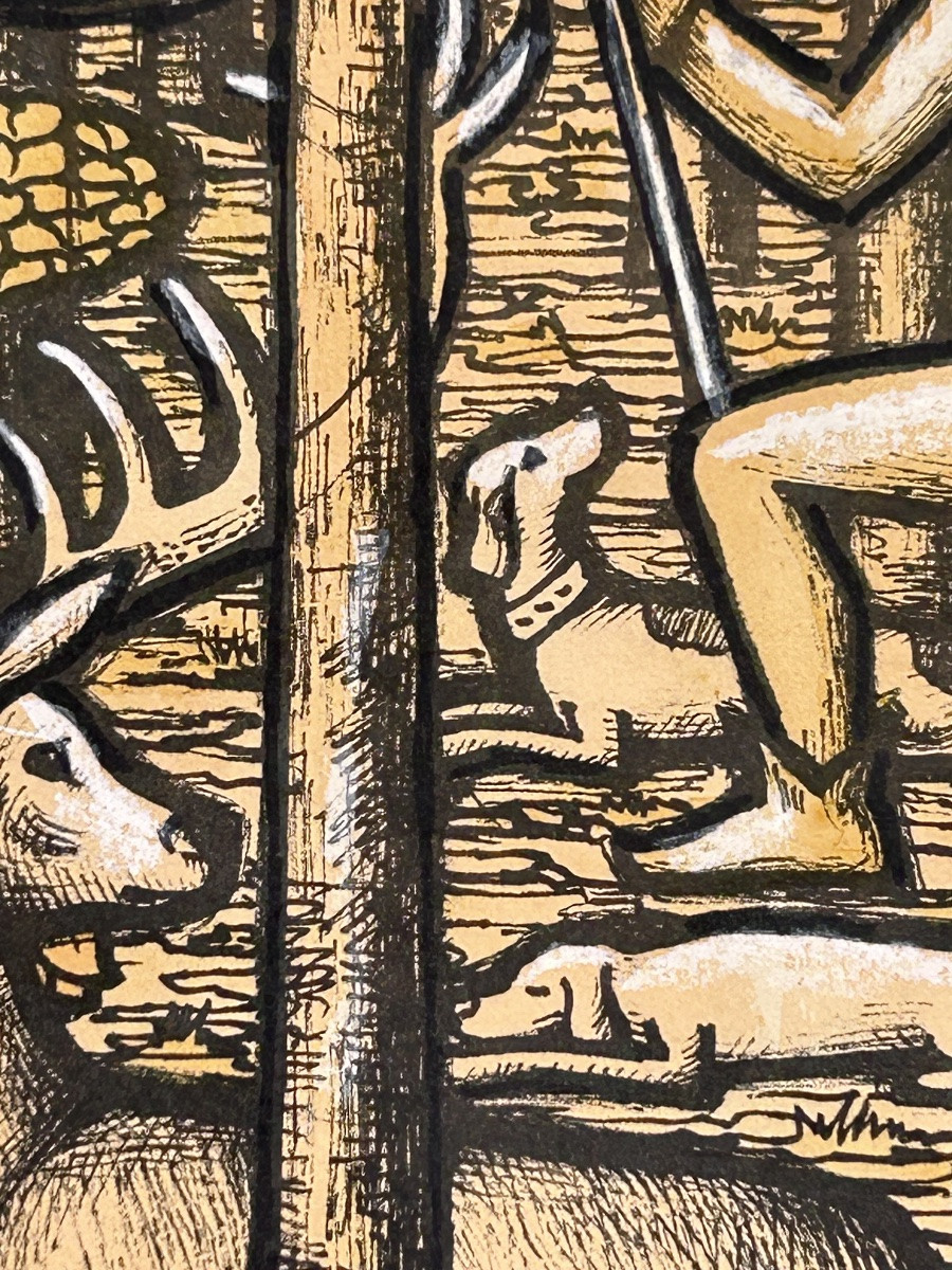 Foni Tissen, Lithograph Hunting Scene, Luxembourgish Artist -photo-3