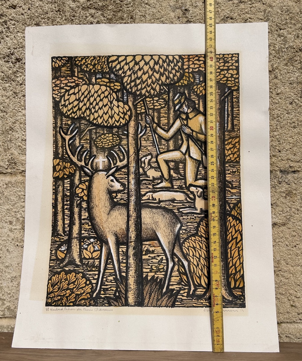 Foni Tissen, Lithograph Hunting Scene, Luxembourgish Artist -photo-5