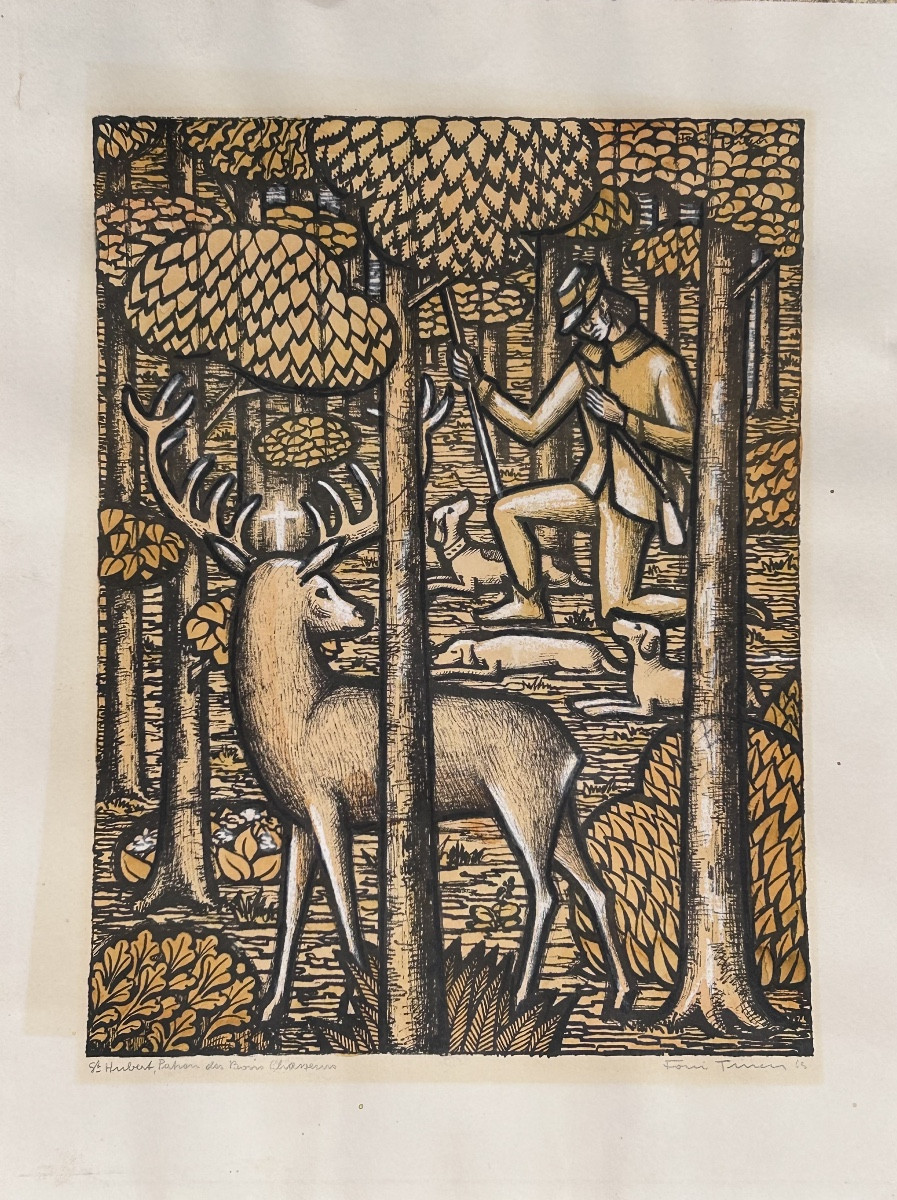 Foni Tissen, Lithograph Hunting Scene, Luxembourgish Artist 