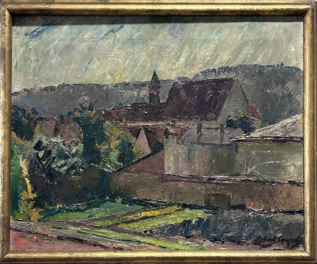Robert Engels, huile sur toile vue du village -photo-2