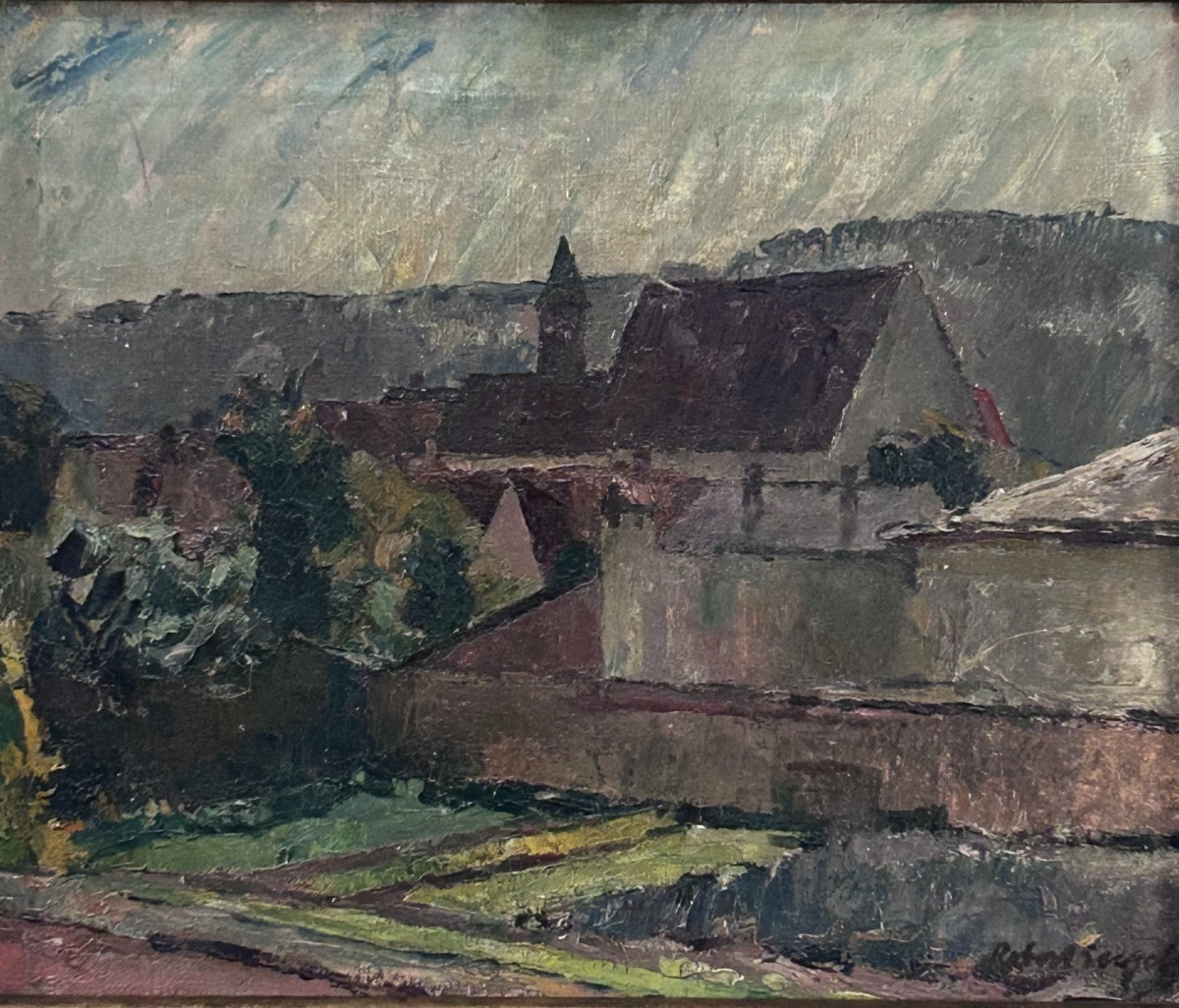 Robert Engels, huile sur toile vue du village 