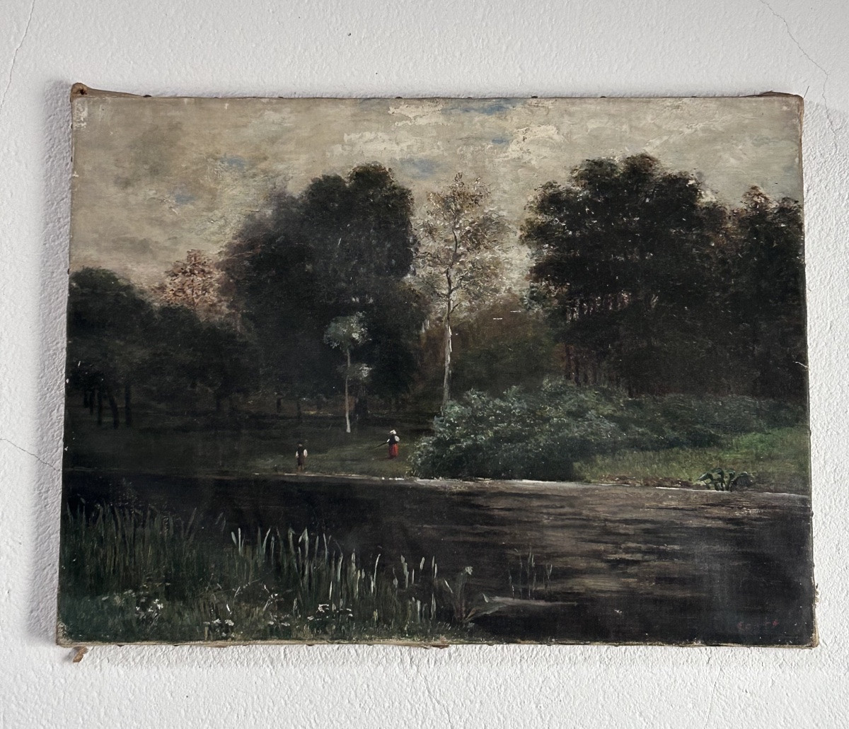 École de Barbizon,  huile sur toile paysage lac-photo-2