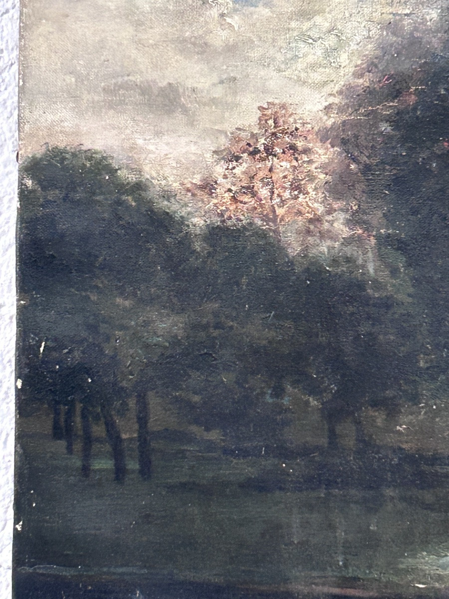 École de Barbizon,  huile sur toile paysage lac-photo-2