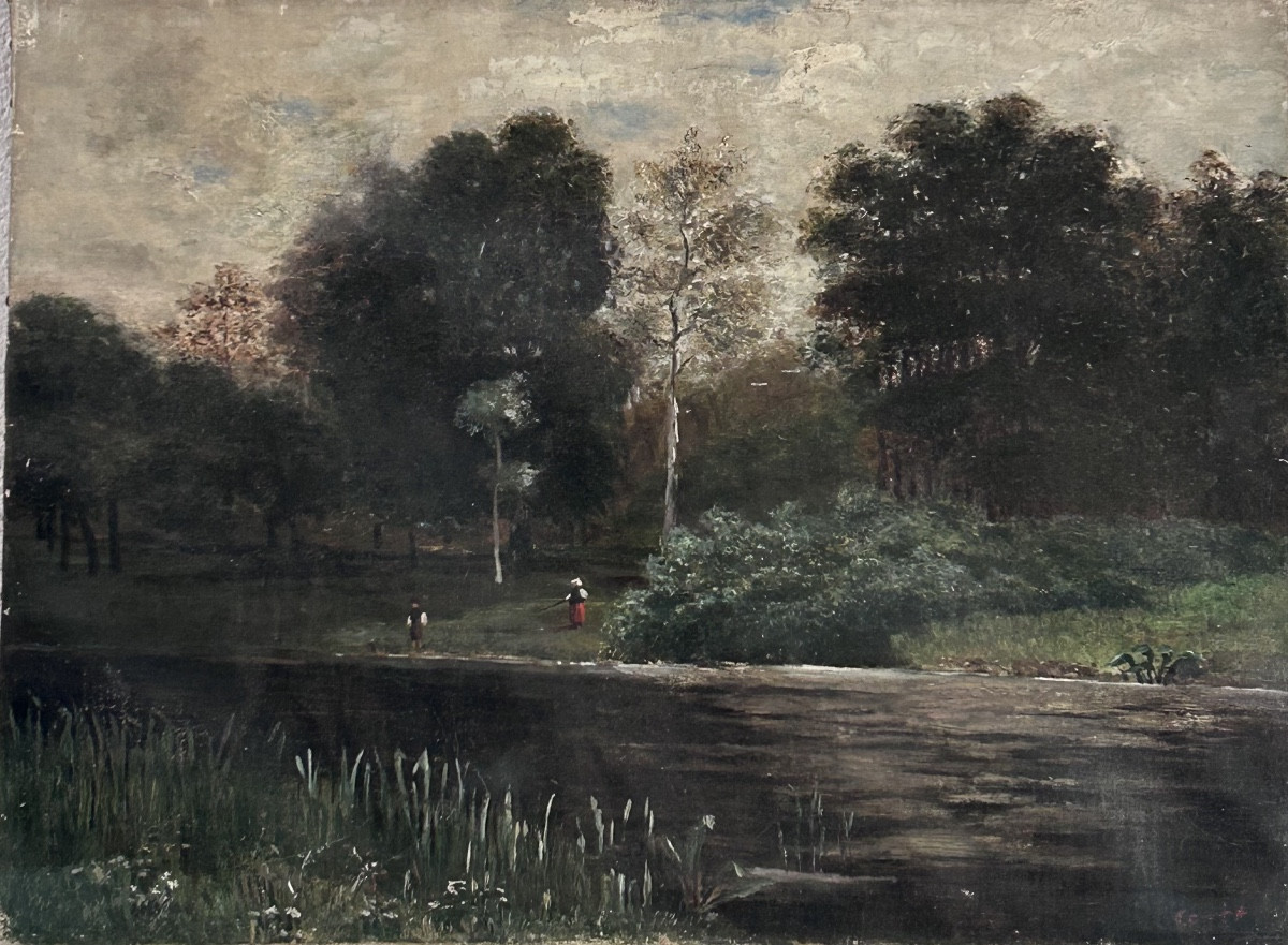 École de Barbizon,  huile sur toile paysage lac