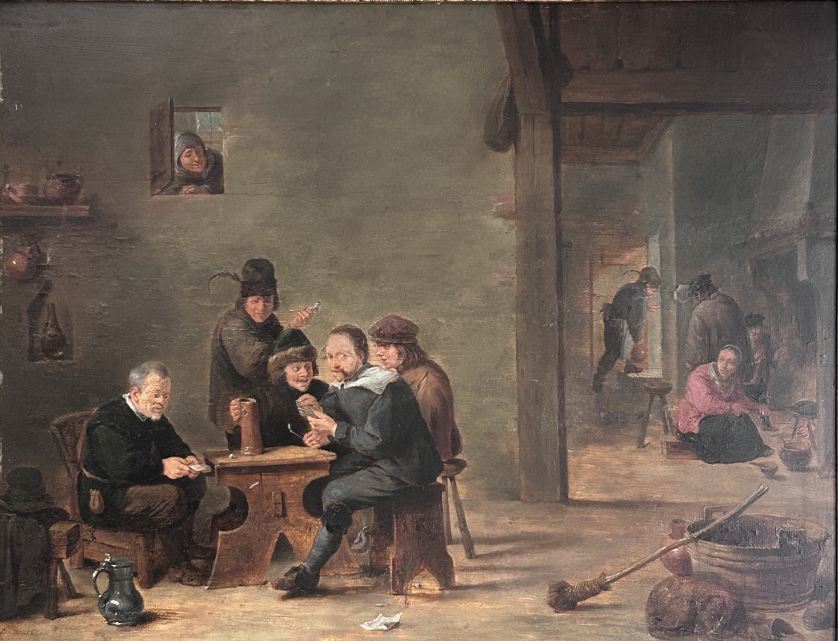 D. Teniers (entourage de), scène de taverne huile sur panneau-photo-3