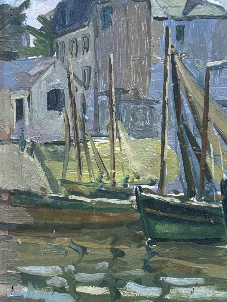P.R Poulain, huile sur panneau vue du port -photo-3