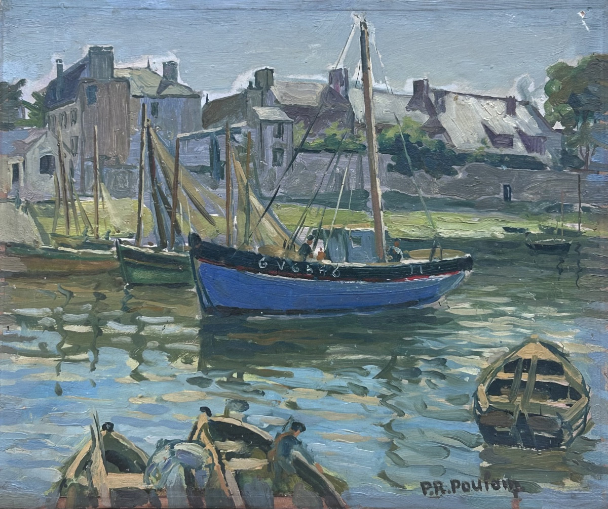 P.R Poulain, huile sur panneau vue du port 