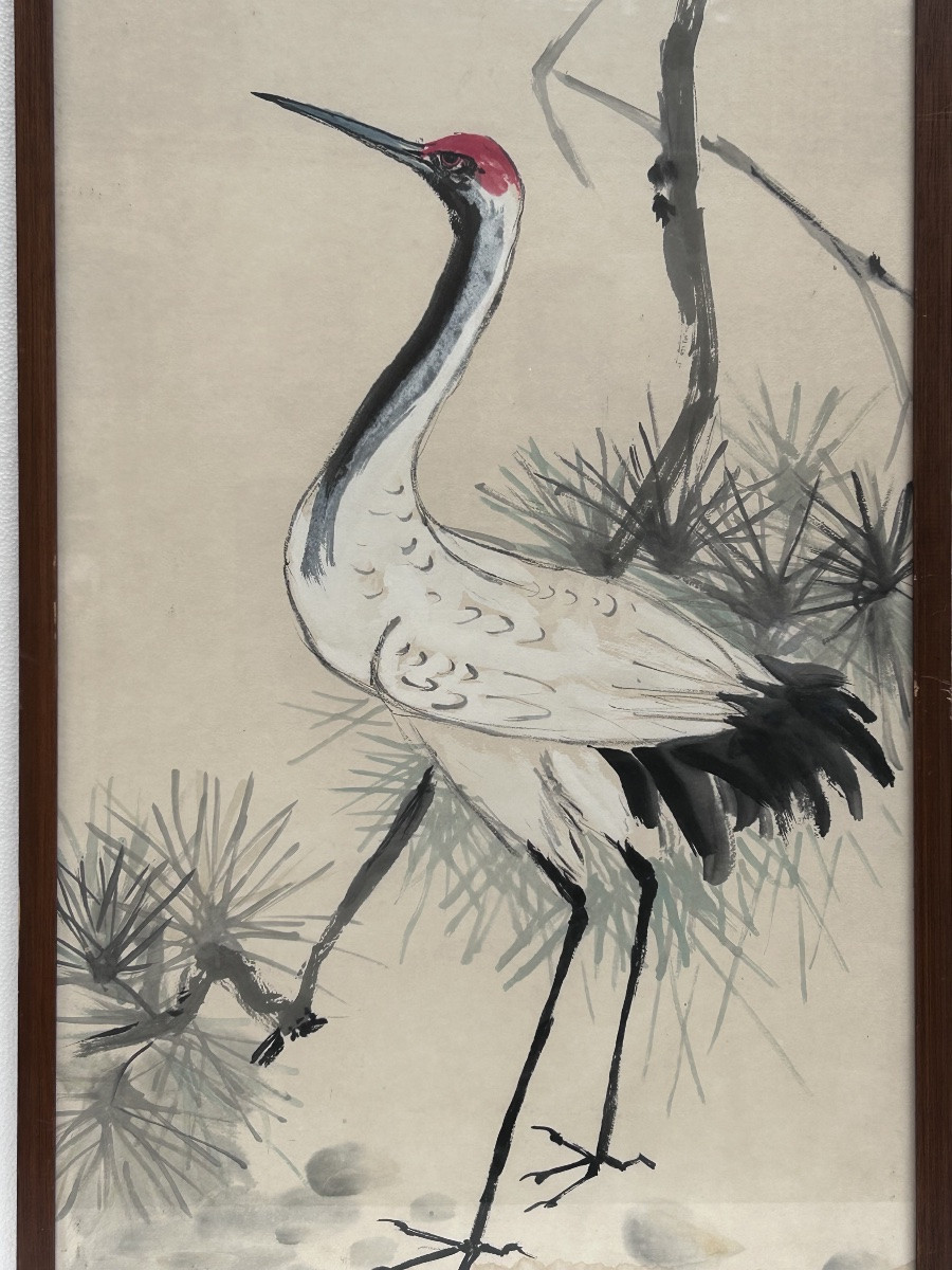 Aquarelle chinoise 19e siècle, cigogne-photo-3