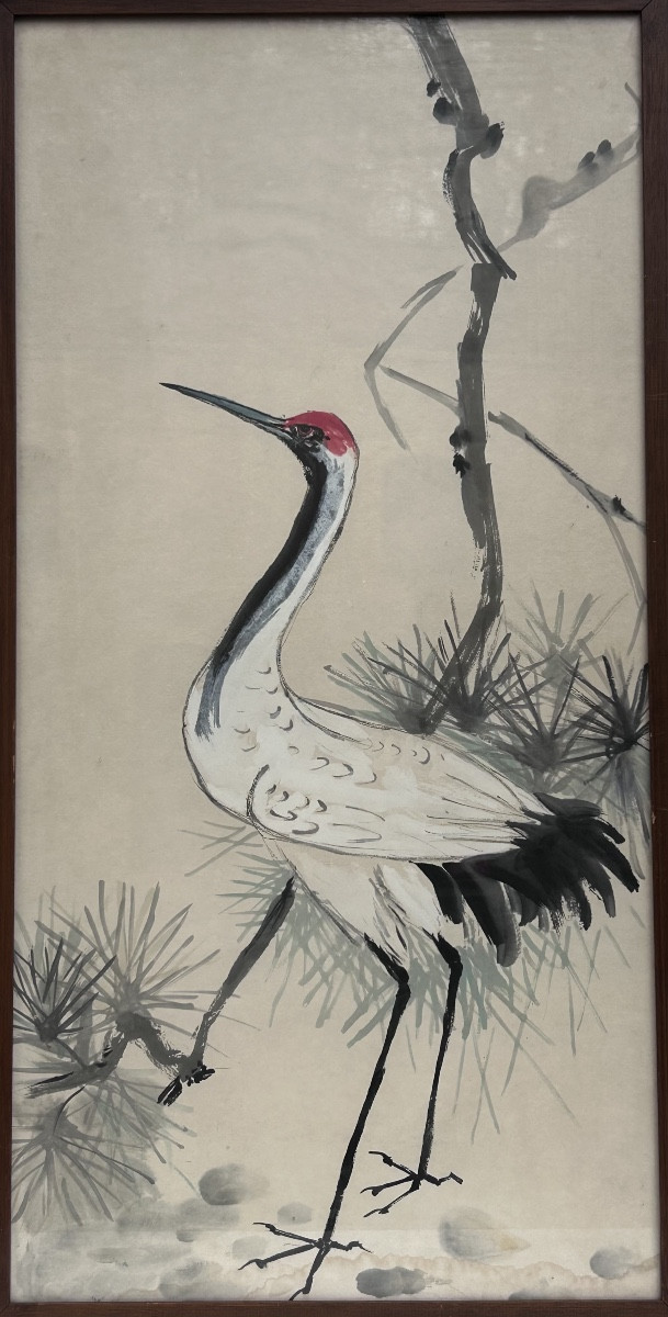 Aquarelle chinoise 19e siècle, cigogne