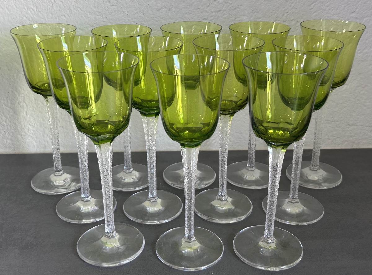 Lalique, 12 Roemer Glasses, Trèves Model, In Engraved And Colored Crystal -photo-2