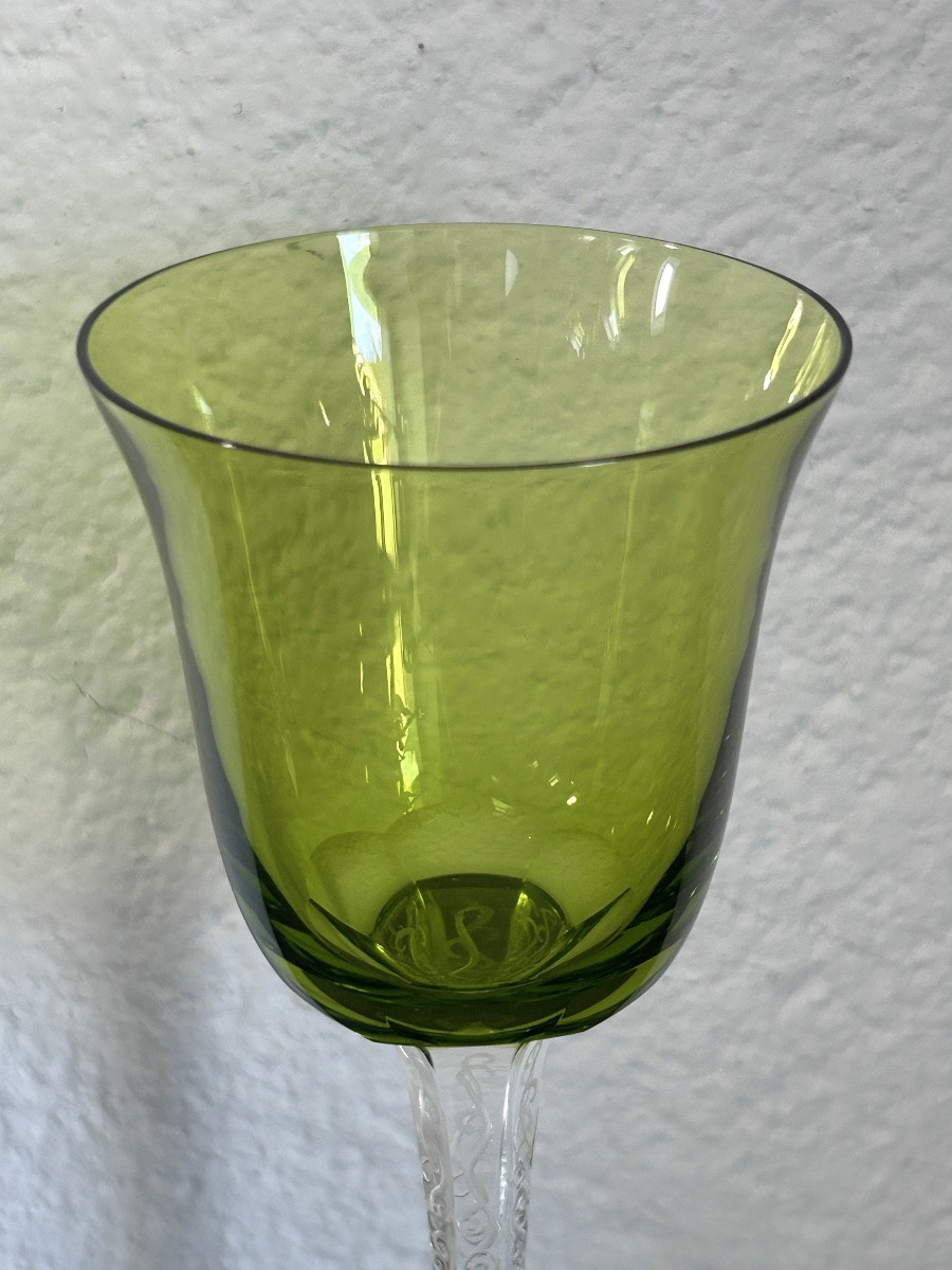 Lalique, 12 Roemer Glasses, Trèves Model, In Engraved And Colored Crystal -photo-8