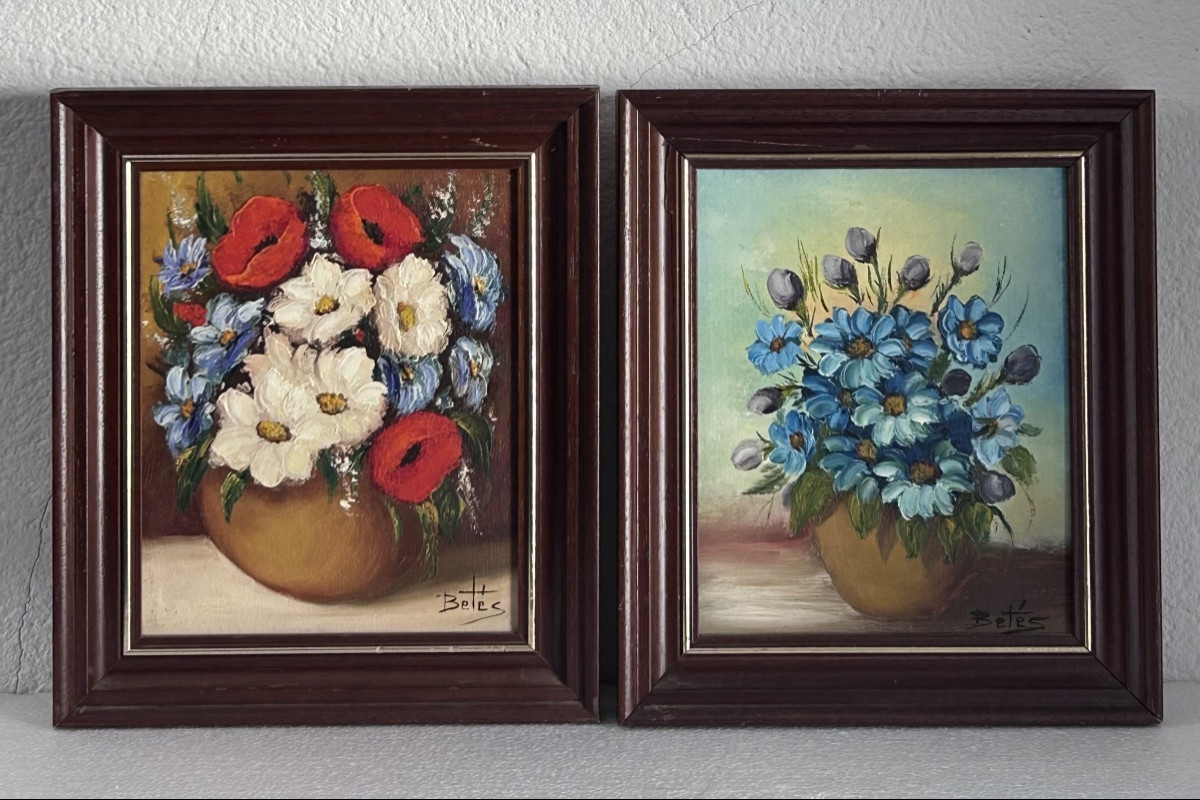 Betés, Pair Of Oil Paintings On Canvas, Bouquets Of Flowers -photo-2