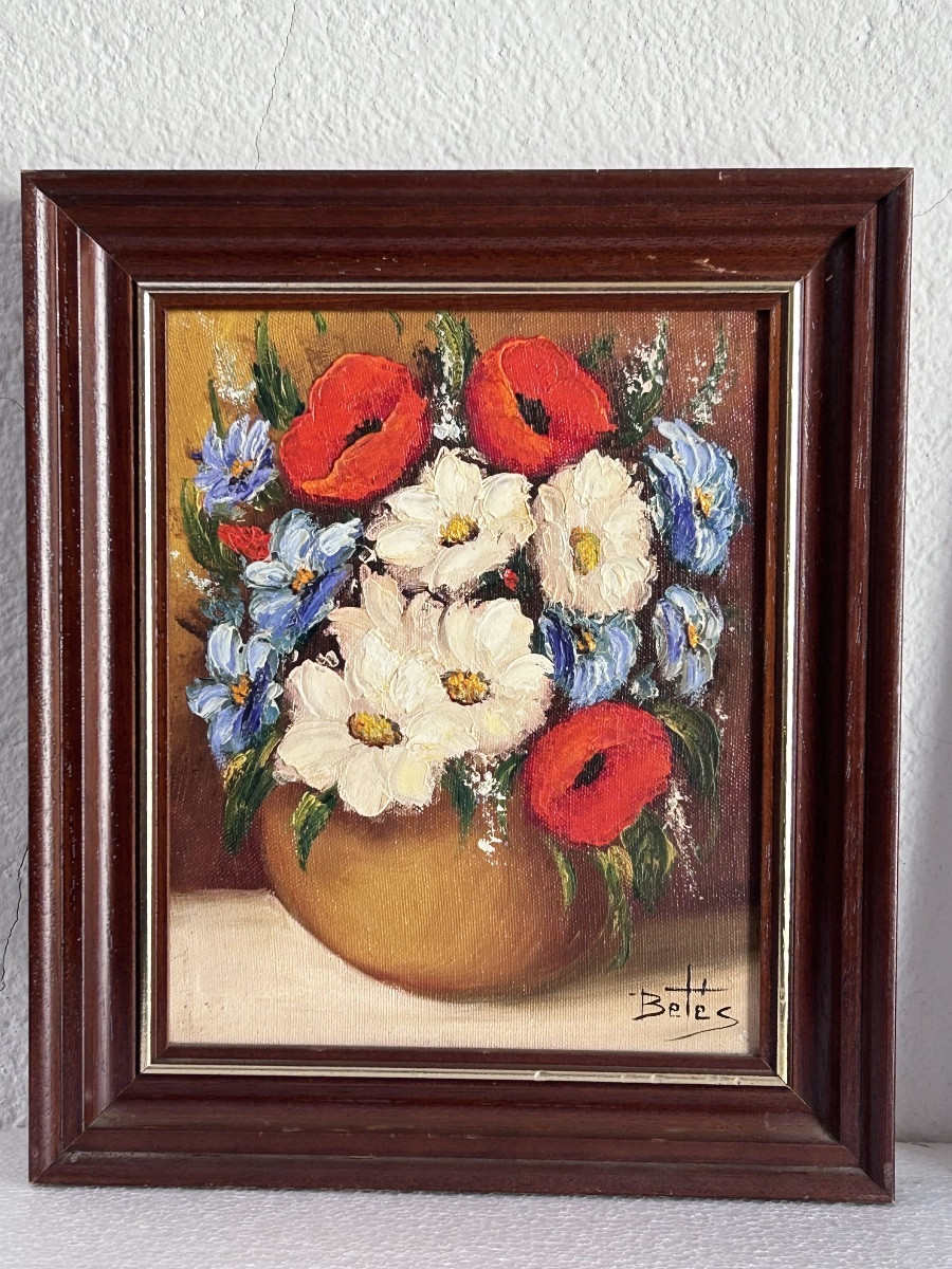 Betés, Pair Of Oil Paintings On Canvas, Bouquets Of Flowers -photo-3