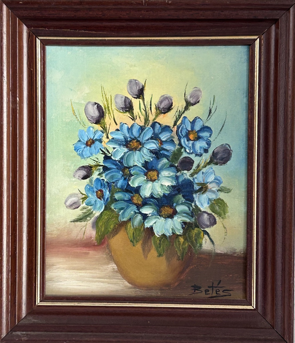 Betés, Pair Of Oil Paintings On Canvas, Bouquets Of Flowers -photo-4