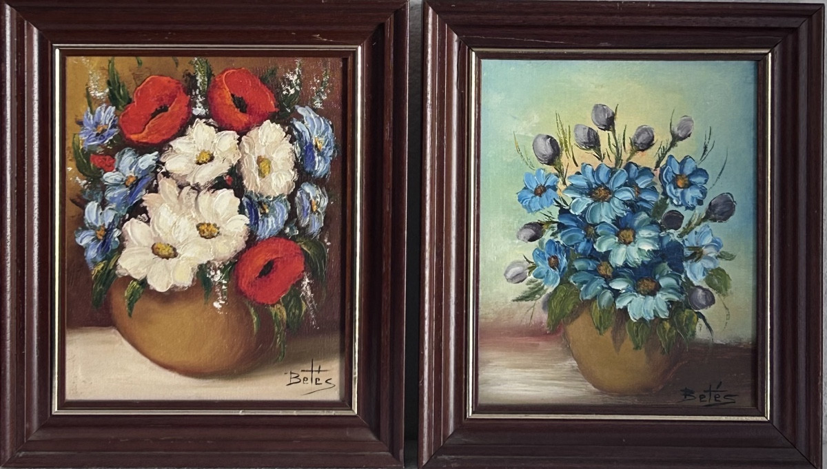 Betés, Pair Of Oil Paintings On Canvas, Bouquets Of Flowers 