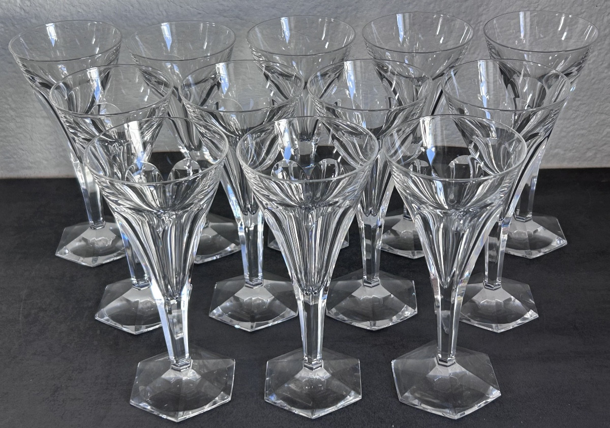 Val Saint Lambert, 12 Art Deco Crystal White Wine Glasses 