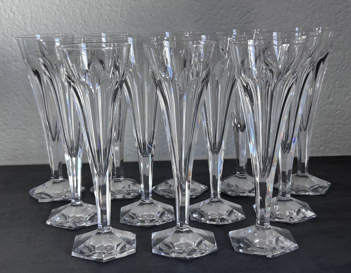 Val Saint Lambert, 12 Art Deco Crystal Champagne Flutes-photo-2
