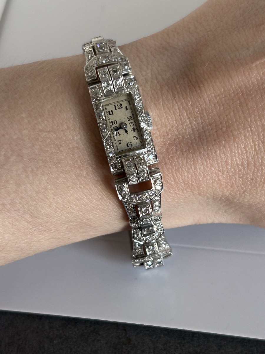 Art Deco Wristwatch In White Gold Set With Diamonds -photo-7