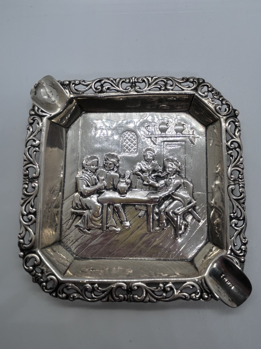 Porte cigares en argent massif, scène de taverne -photo-2