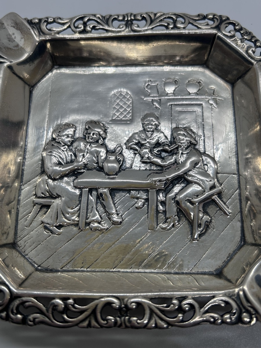 Porte cigares en argent massif, scène de taverne -photo-3