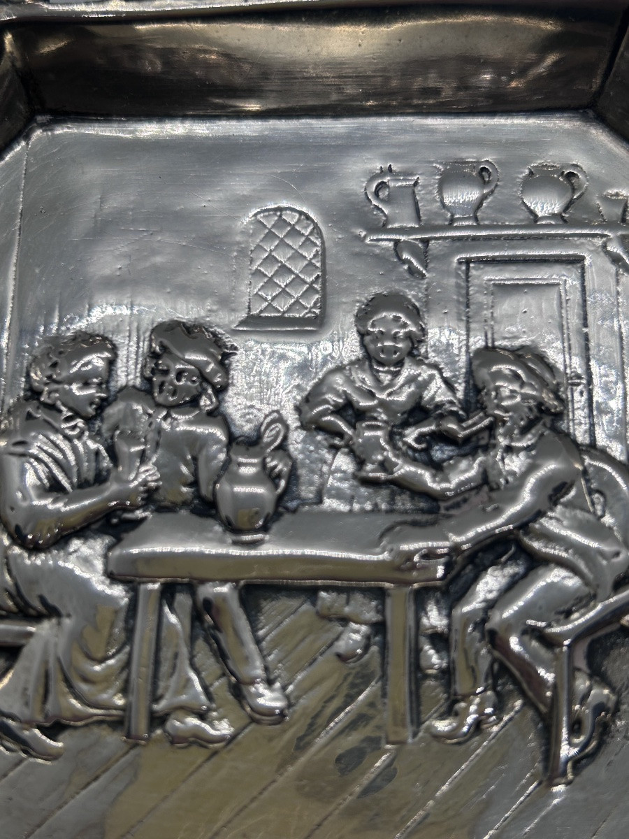 Porte cigares en argent massif, scène de taverne -photo-1